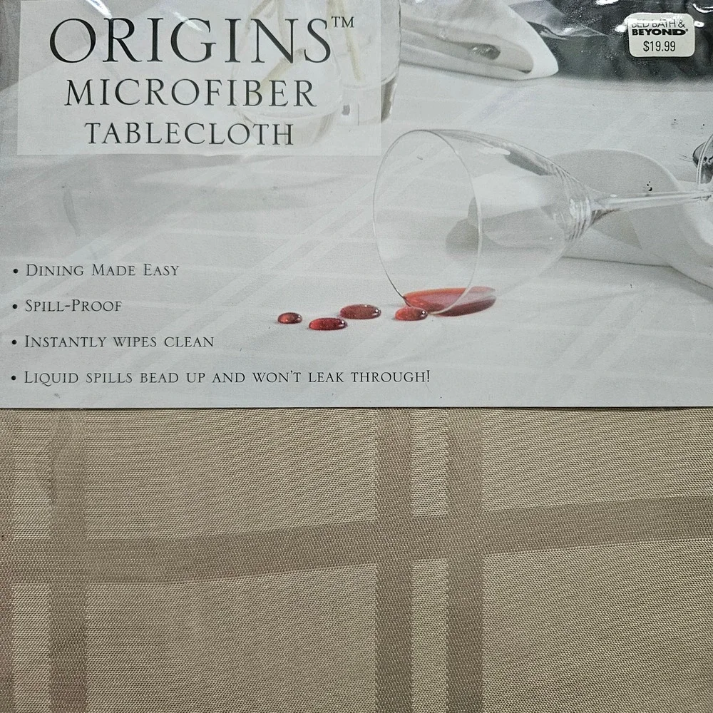 Origins Microfiber Tablecloth 70in Round Beige Spill Proof Grid Pattern NEW